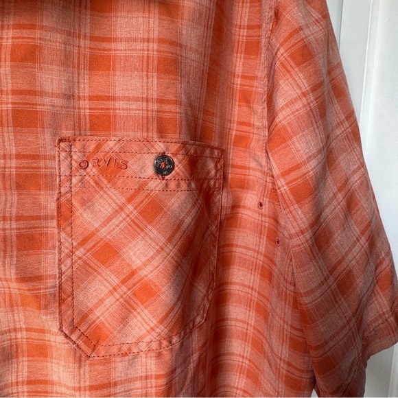Orvis Men's Short Sleeve Tech Shirt XL Orange Plaid Quick Dry UPF30+ Polyester - Picture 10 of 13